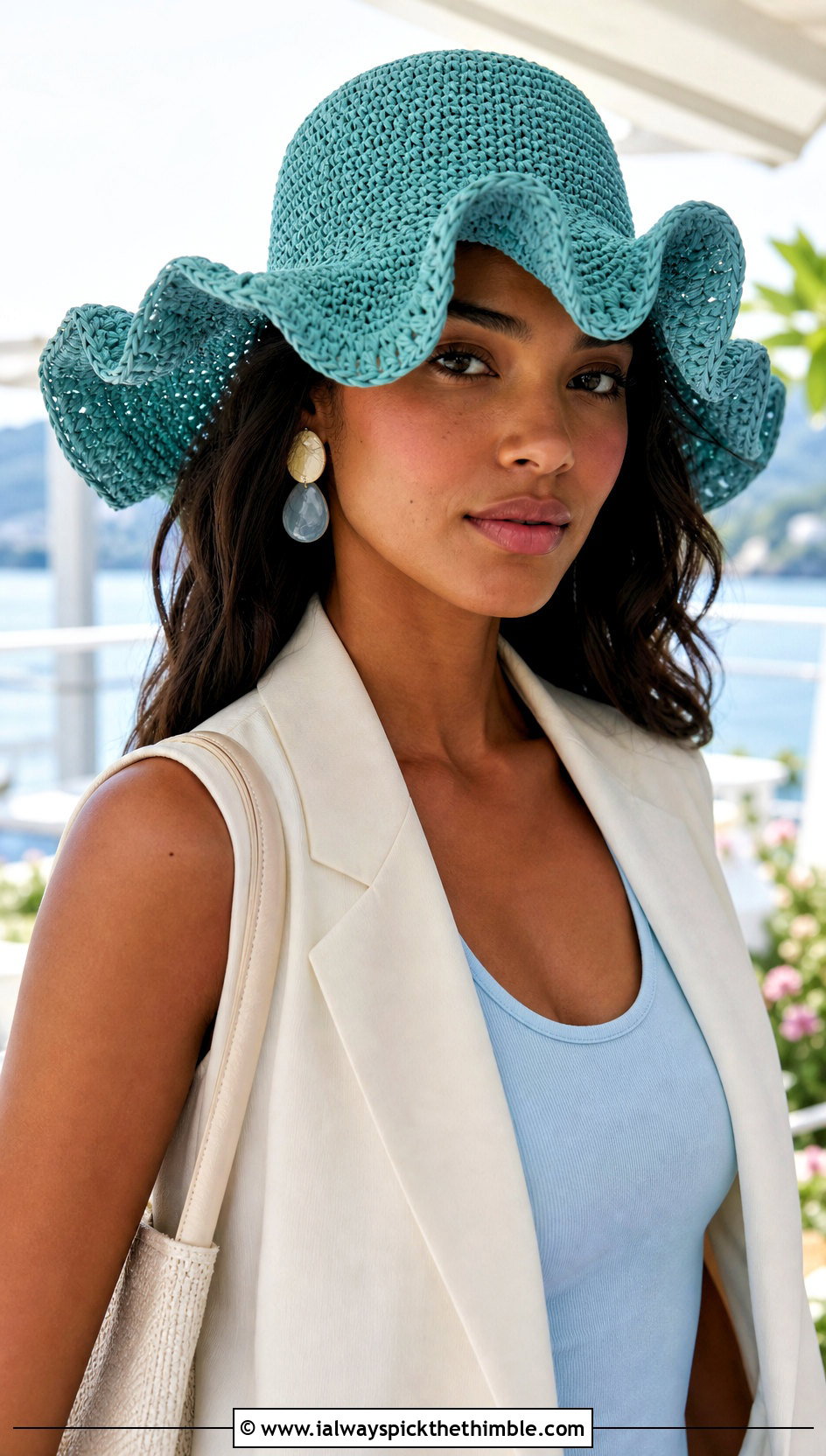 Raffia Look Ruffle Crochet Hat With Vest And Trousers - 25 ruffled crochet hat outfit ideas