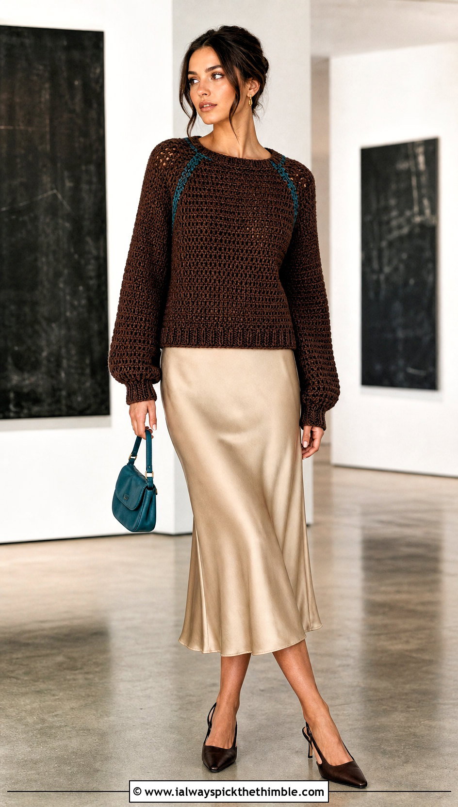Raglan Brown Crochet Sweater With Satin Midi Skirt - 25 crochet brown sweater outfit ideas