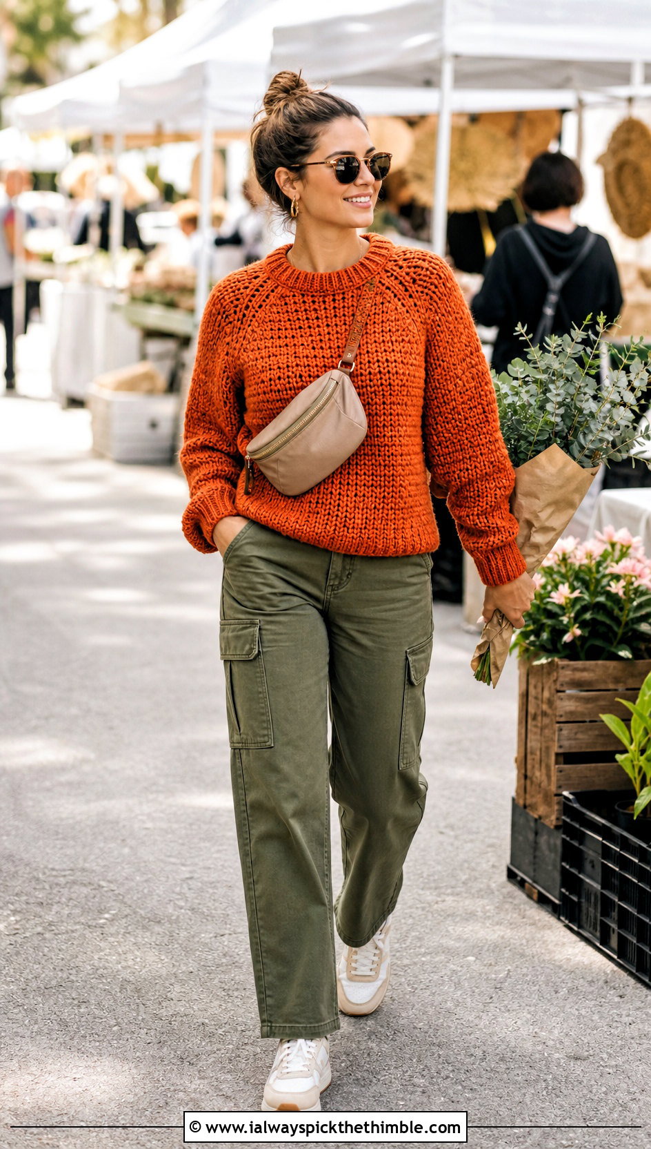 Raglan Bulky Yarn Crochet Sweater With Cargo Pants - 20 bulky yarn crochet sweater outfit ideas
