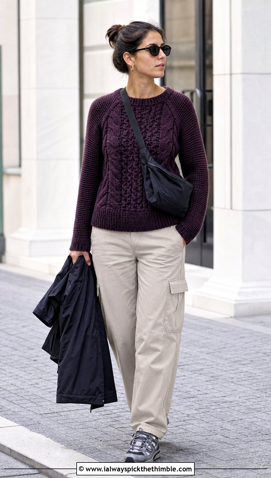 Raglan Cable Crochet Sweater With Cargo Pants - 25 crochet cable sweater outfit ideas