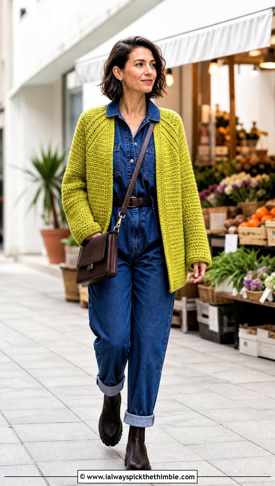 Raglan Chunky Crochet Cardigan With Utility Jumpsuit - 15 Chunky Yarn Crochet Cardigan outfit ideas