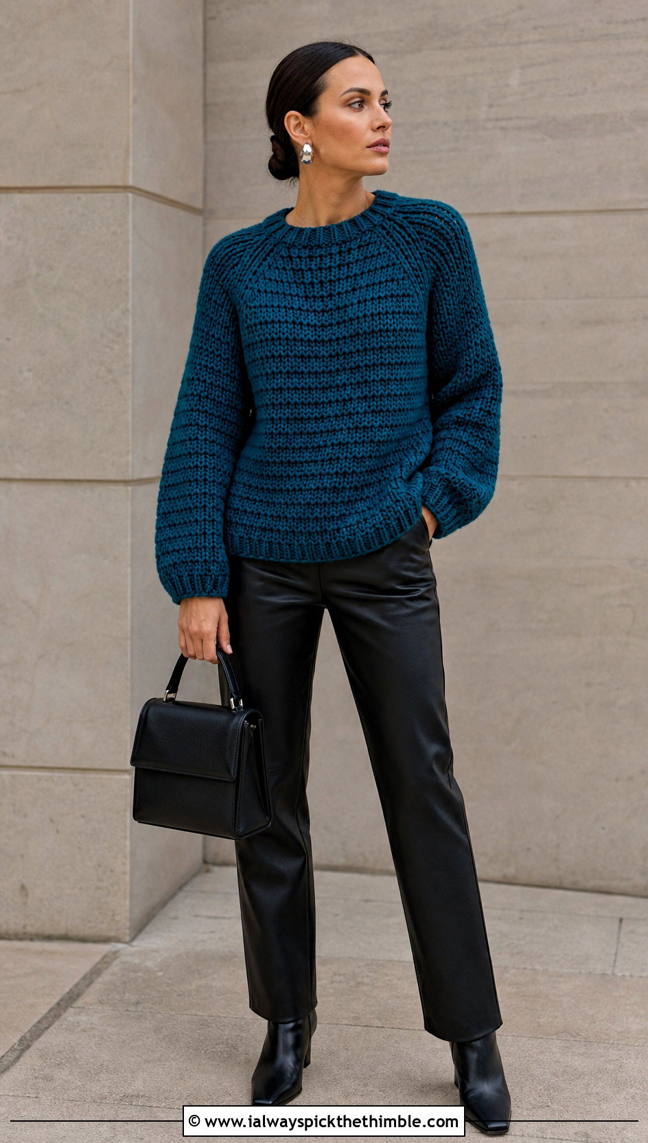 Raglan Chunky Crochet Jumper With Leather Pants - 25 chunky crochet jumper outfit ideas