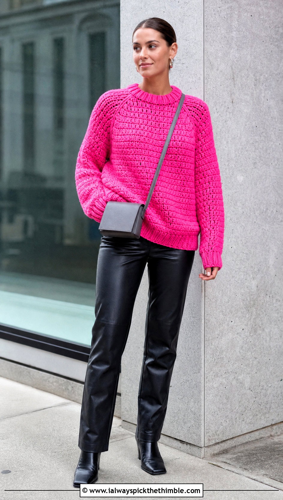 Raglan Chunky Crochet Sweater With Leather Pants - 25 chunky crochet sweater outfit ideas