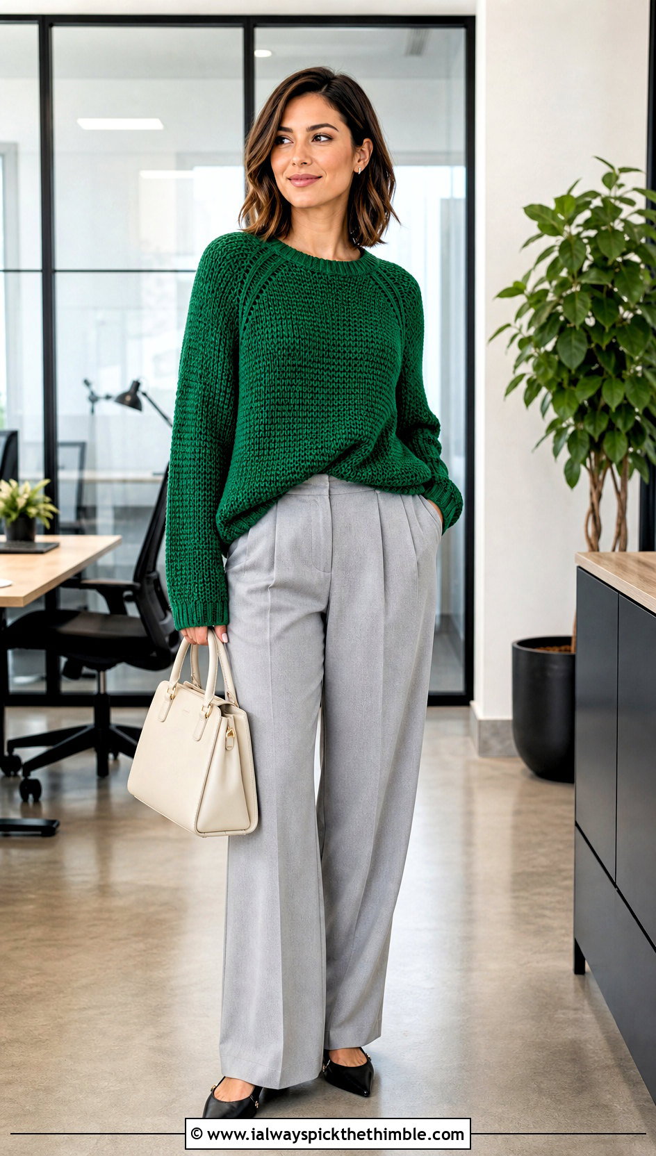 Raglan Crochet Baggy Sweater With Pleated Trousers - 20 crochet baggy sweater outfit ideas