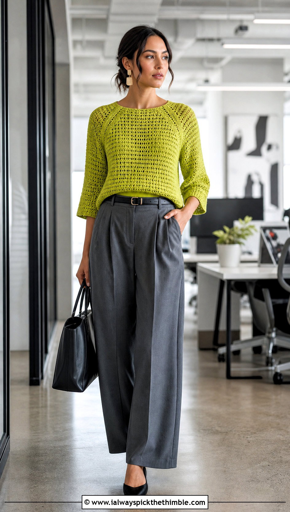 Raglan Crochet Blouse With Pleated Trousers - 20 Flowy Crochet Top outfit ideas