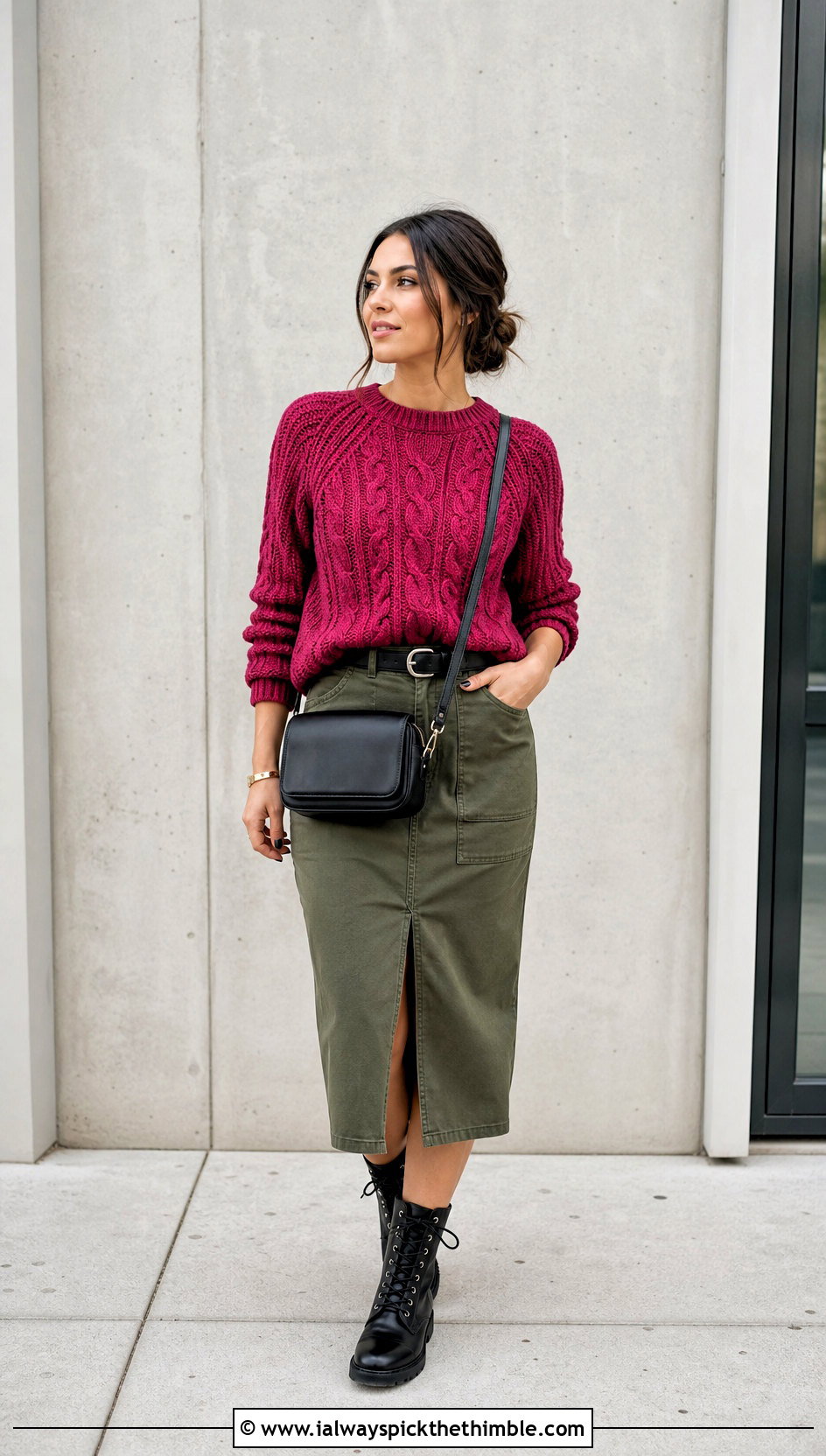 Raglan Crochet Cable Sweater With Utility Skirt - 20 crochet cable knit sweater outfit ideas