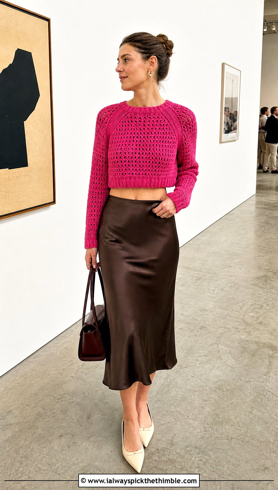 Raglan Crochet Crop Sweater With Satin Midi Skirt - 25 crochet crop sweater outfit ideas