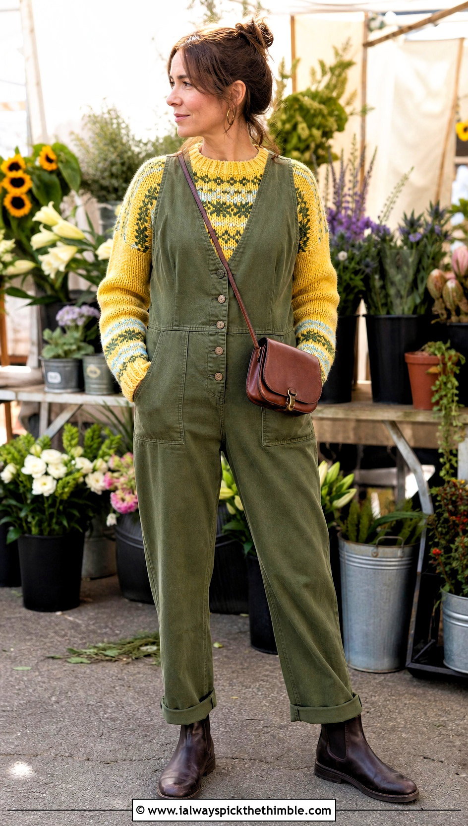 Raglan Crochet Fairisle Sweater With Utility Jumpsuit - 15 Crochet Fairisle Sweater outfit ideas