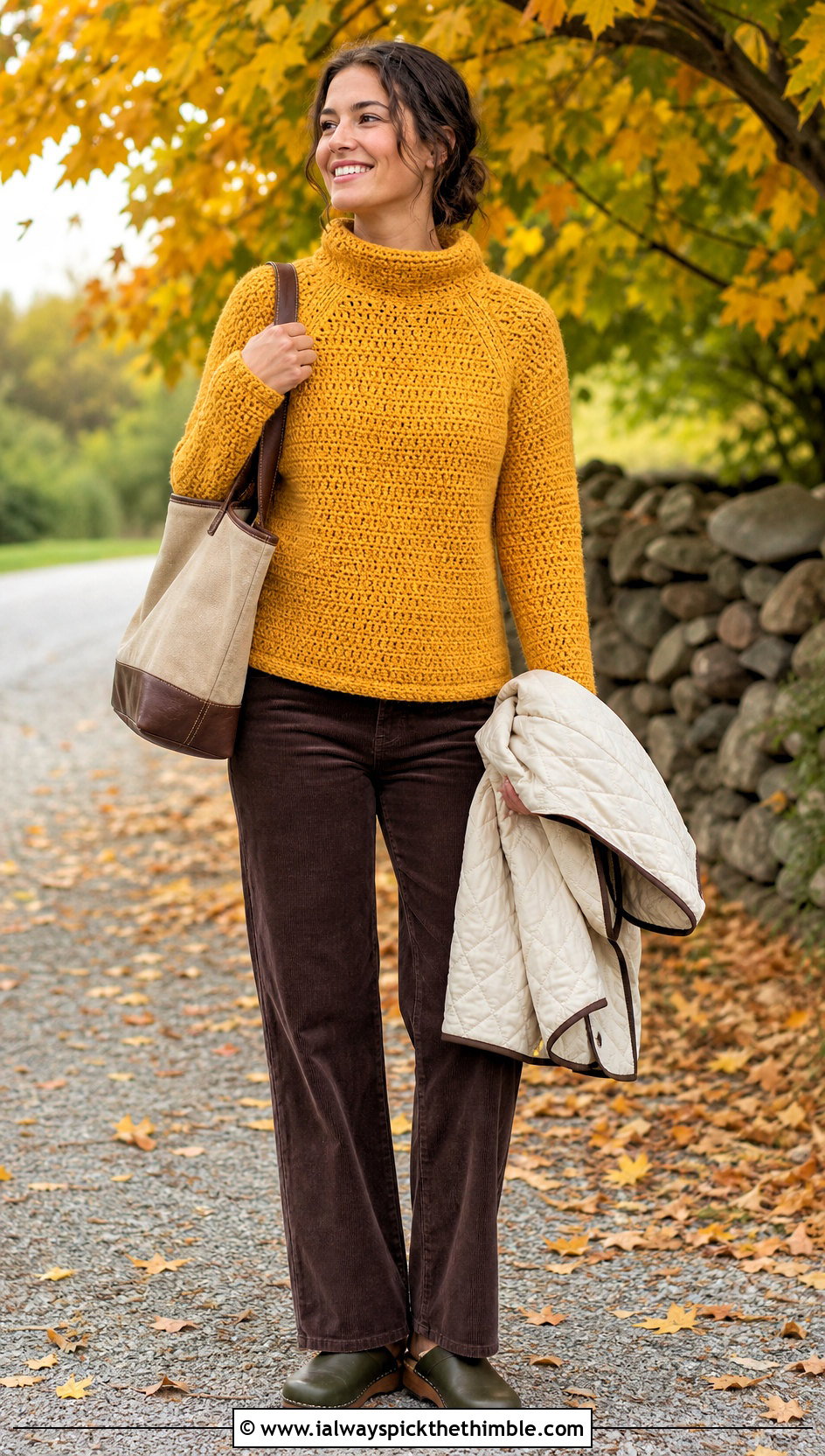 Raglan Crochet Funnel Neck Sweater With Corduroy Pants - 20 crochet high neck sweater outfit ideas