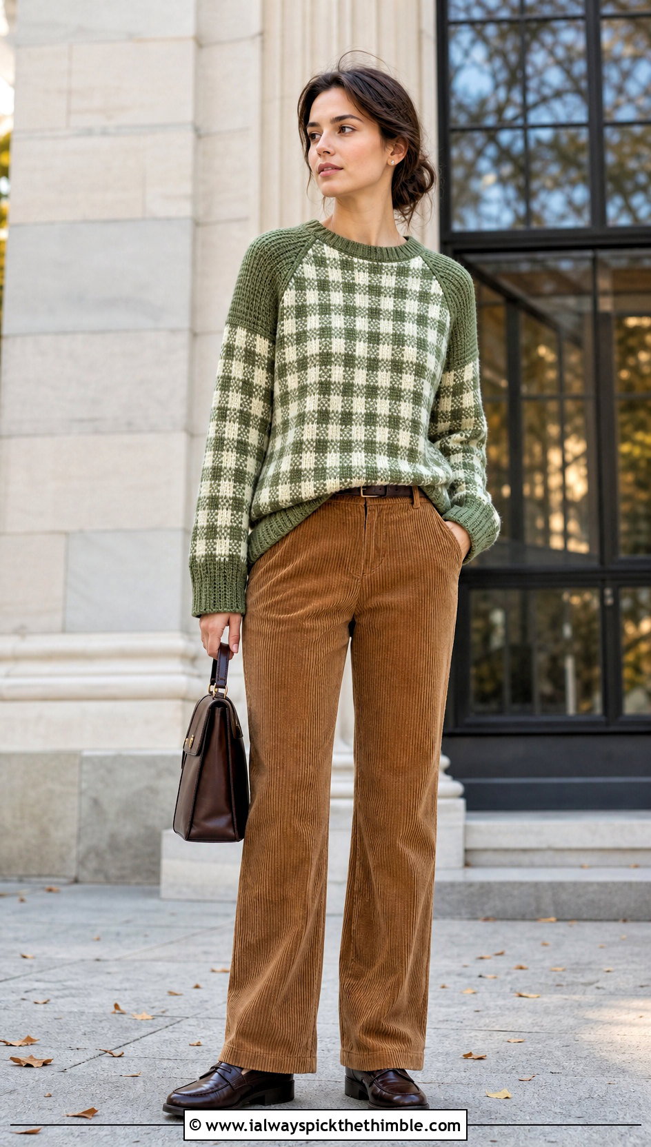 Raglan Crochet Gingham Sweater With Corduroy Pants - 20 Crochet Gingham Sweater outfit ideas