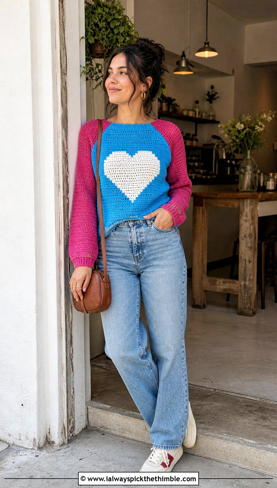 Raglan Crochet Heart Sweater With Straight Leg Jeans - 25 crochet heart sweater outfit ideas