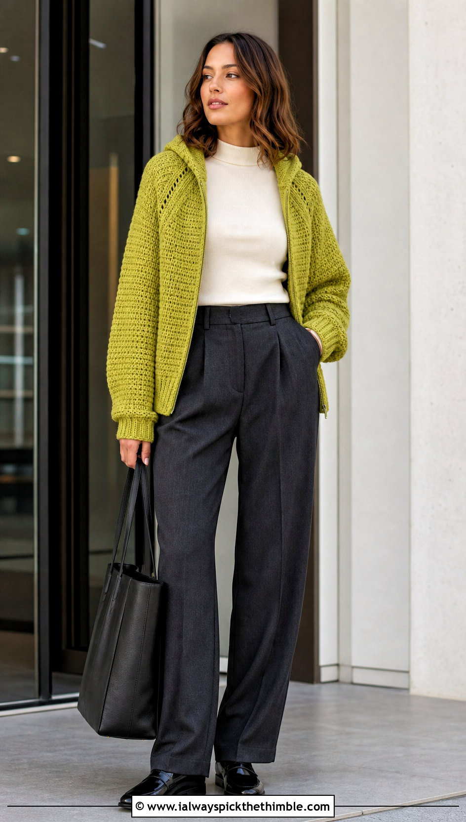 Raglan Crochet Hooded Sweater With Pleated Trousers - 20 crochet hooded sweater outfit ideas
