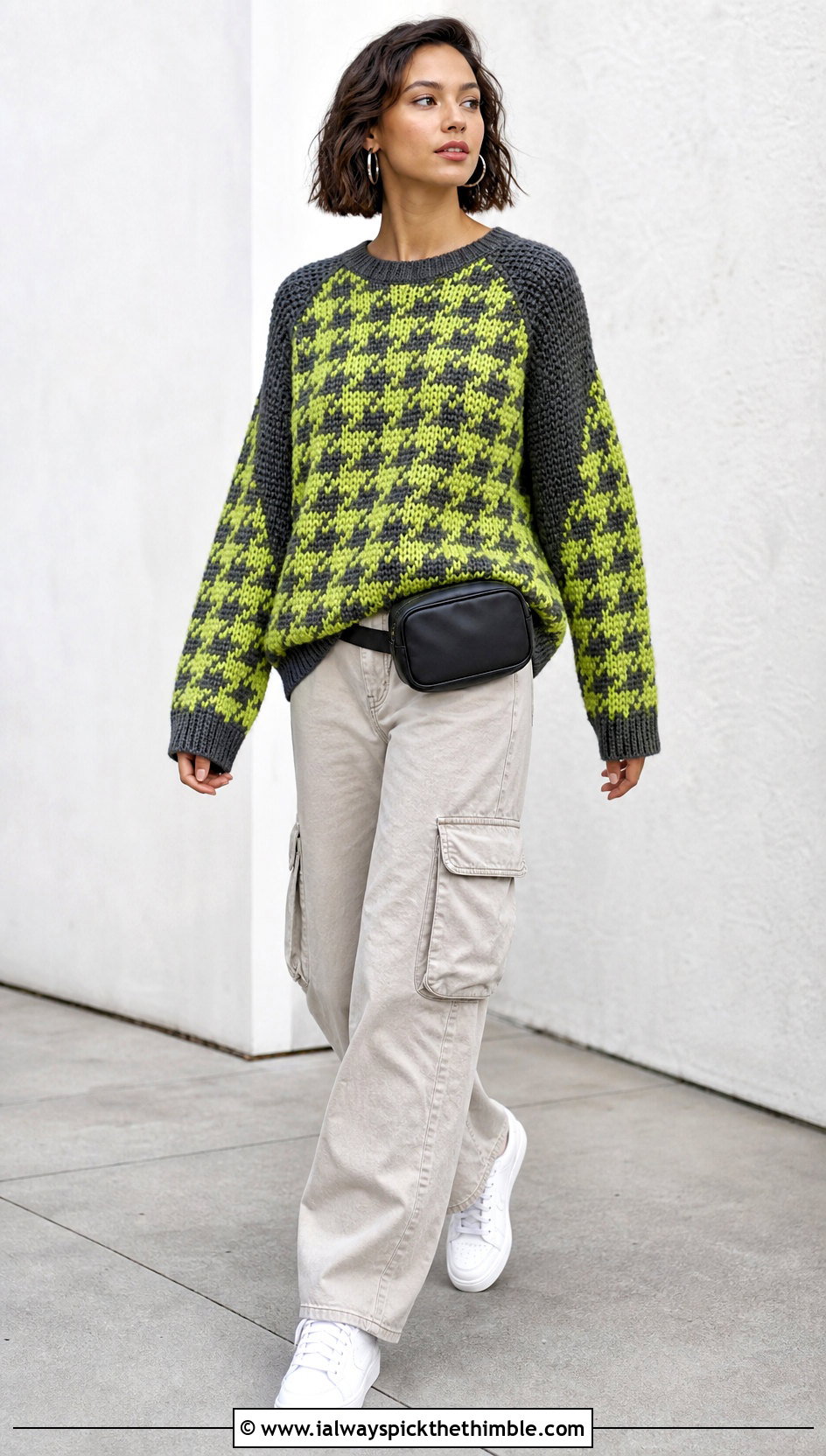 Raglan Crochet Houndstooth Sweater With Cargo Pants - 25 crochet houndstooth sweater outfit ideas
