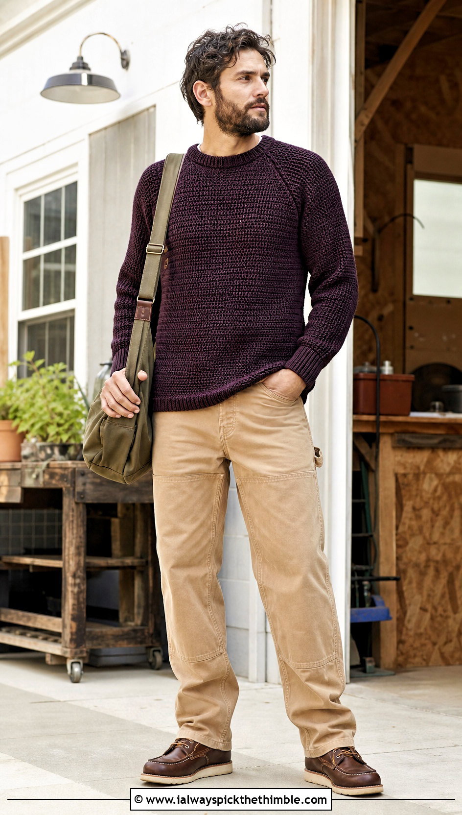 Raglan Crochet Mens Pullover With Workwear Pants - 15 crochet mens pullover outfit ideas