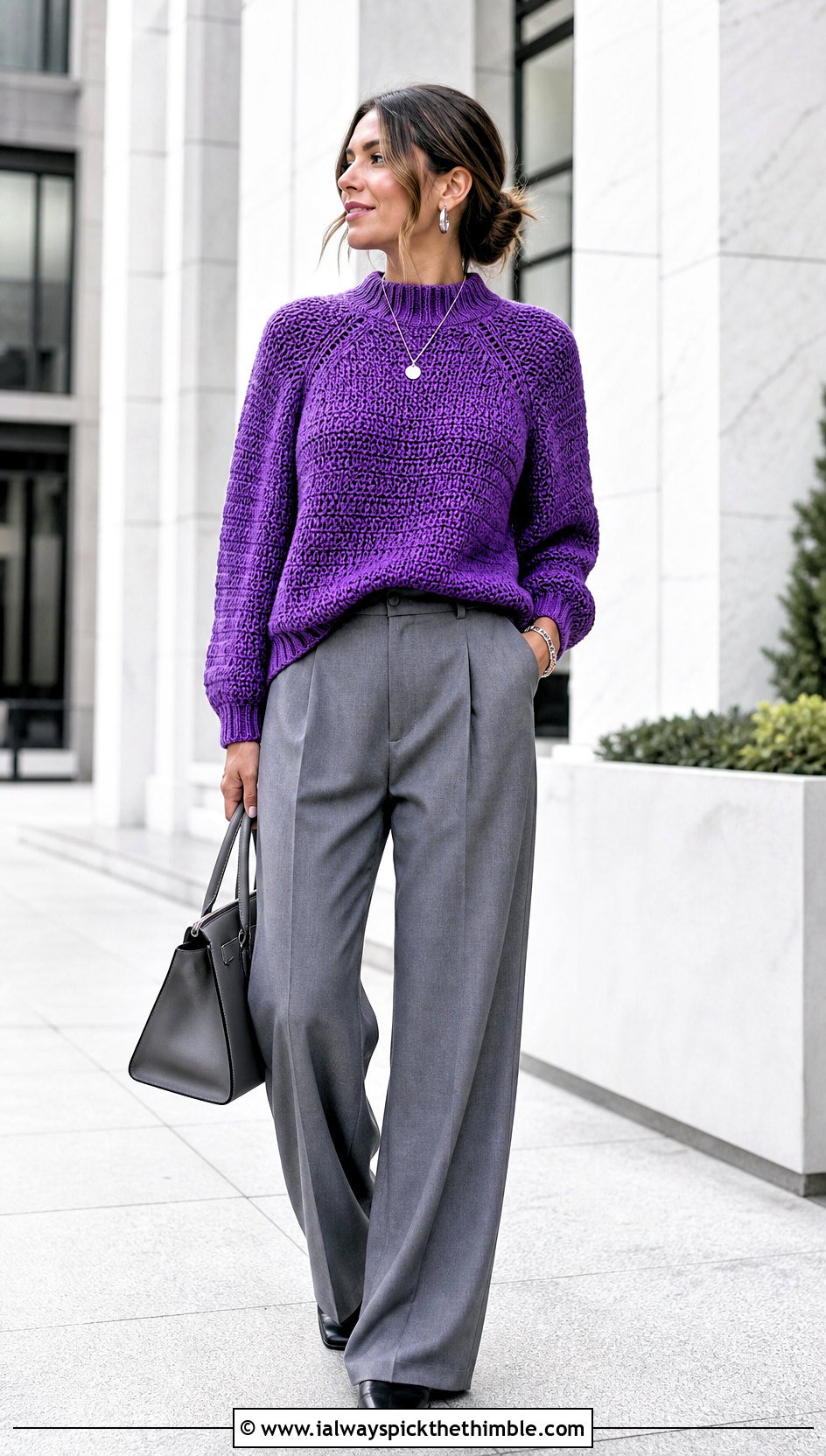 Raglan Crochet Mock Neck Sweater With Pleated Trousers - 20 Crochet Mock Neck Sweater outfit ideas