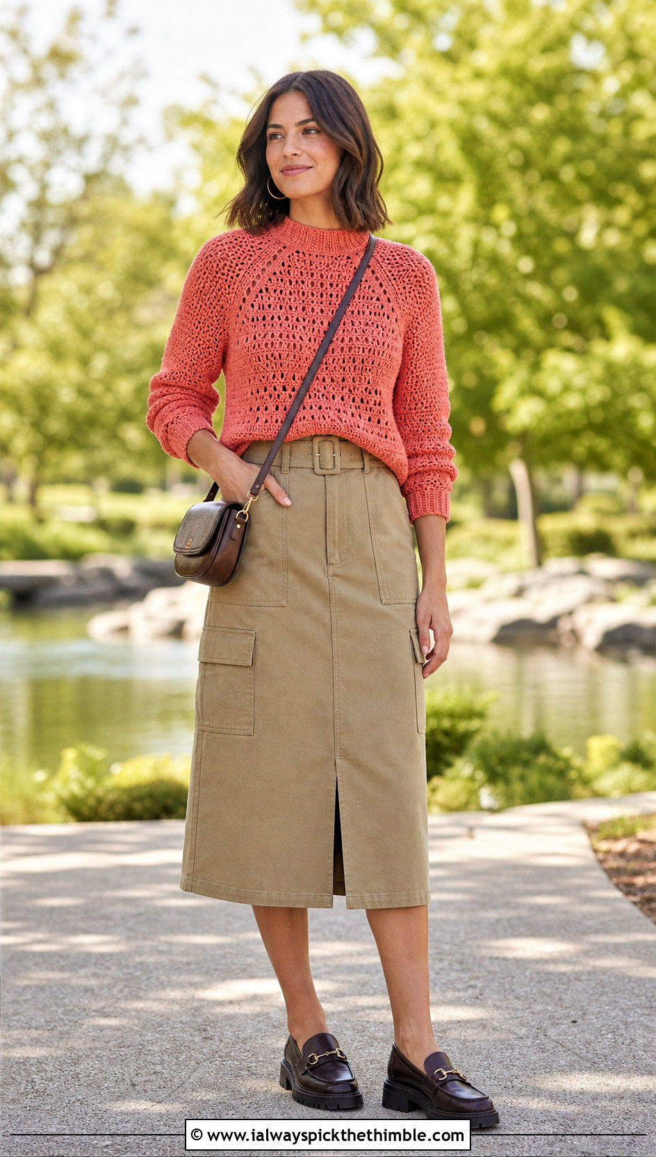 Raglan Crochet Mock Neck Top With Utility Midi Skirt - 25 crochet mock neck top outfit ideas