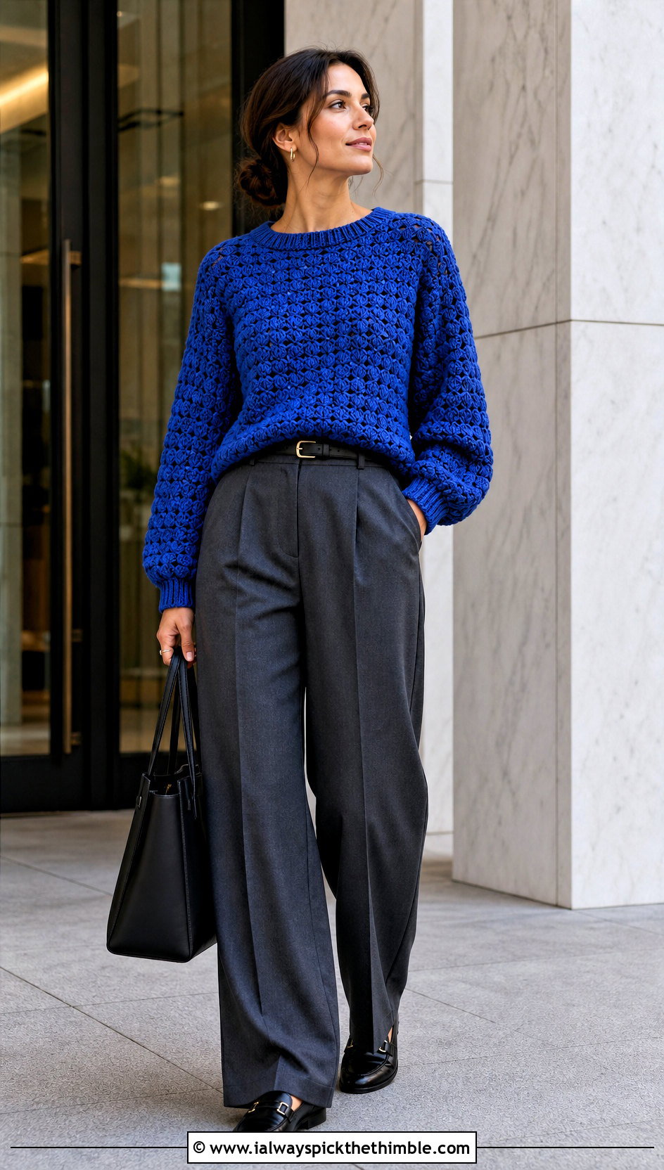 Raglan Crochet Puff Stitch Sweater With Tailored Trousers - 20 Crochet Puff Stitch Sweater outfit ideas