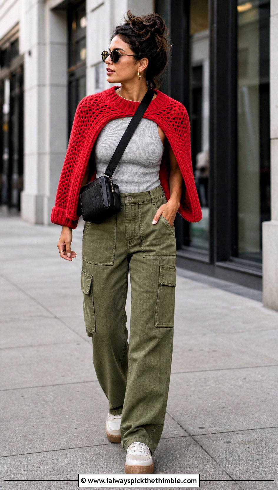 Raglan Crochet Pullover Over Shoulders With Utility Pants - 20 Crochet Over The Shoulder Sweater outfit ideas