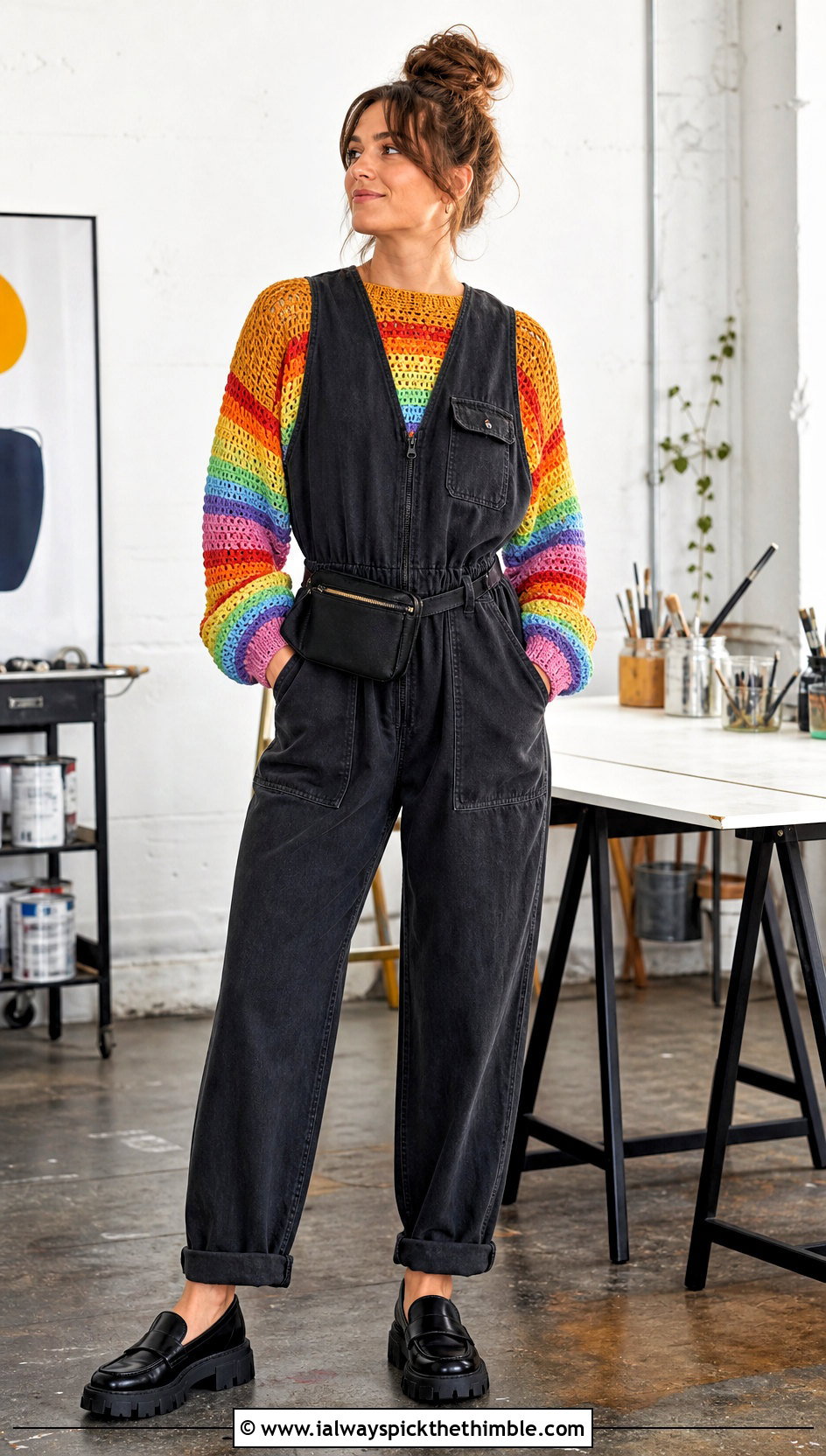 Raglan Crochet Rainbow Sweater With A Utility Jumpsuit - 20 Crochet Rainbow Sweater outfit ideas