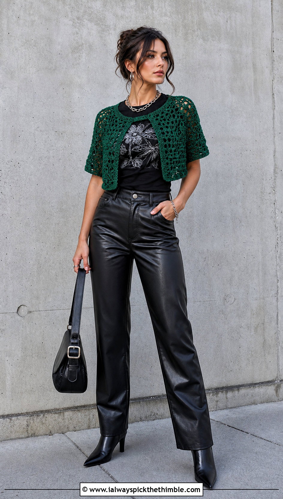 Raglan Crochet Short Sleeve Shrug With Leather Pants - 20 crochet short sleeve shrug outfit ideas