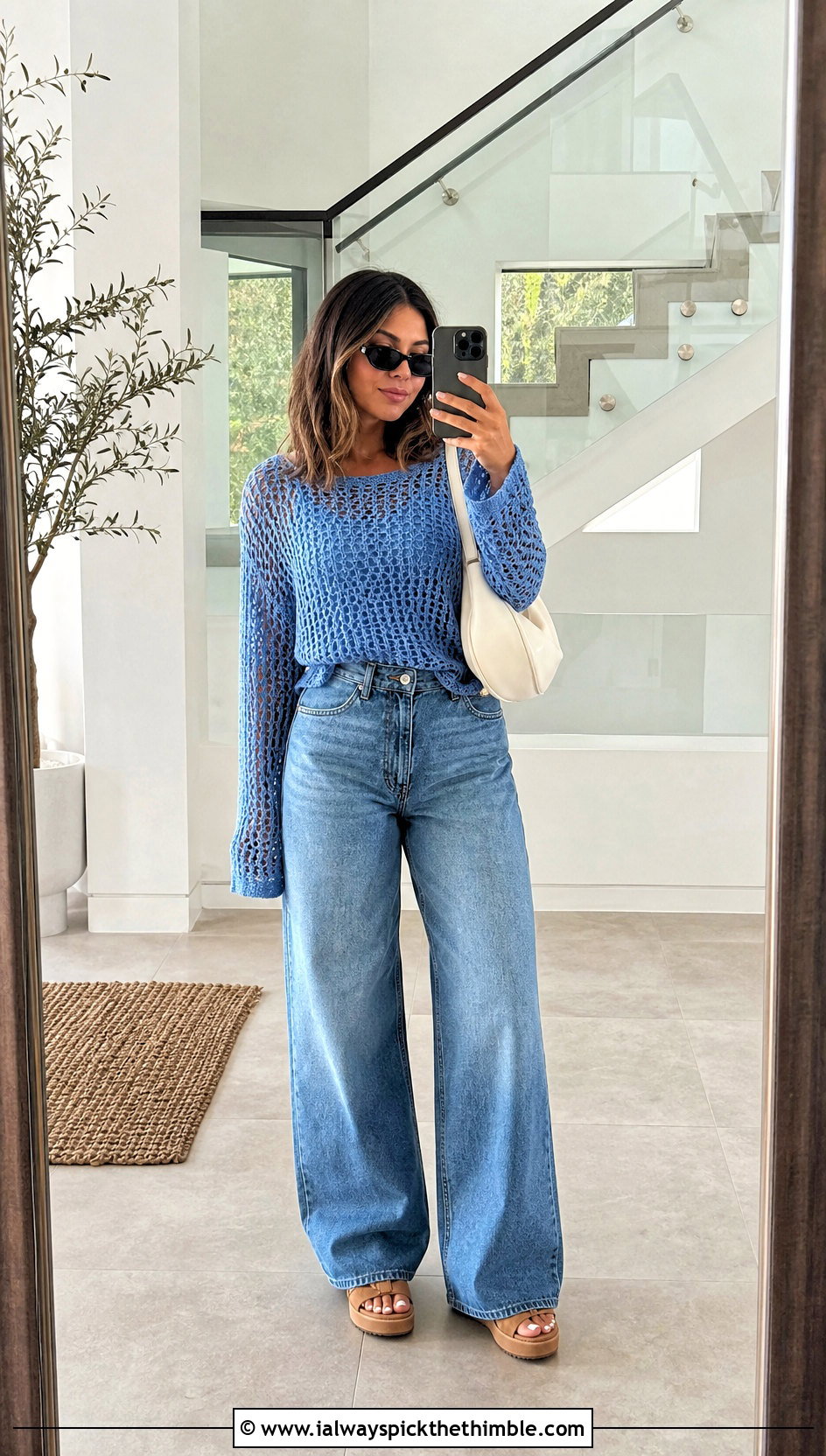 Raglan Crochet Summer Sweater With Wide Leg Jeans - 15 Crochet Summer Sweater outfit ideas