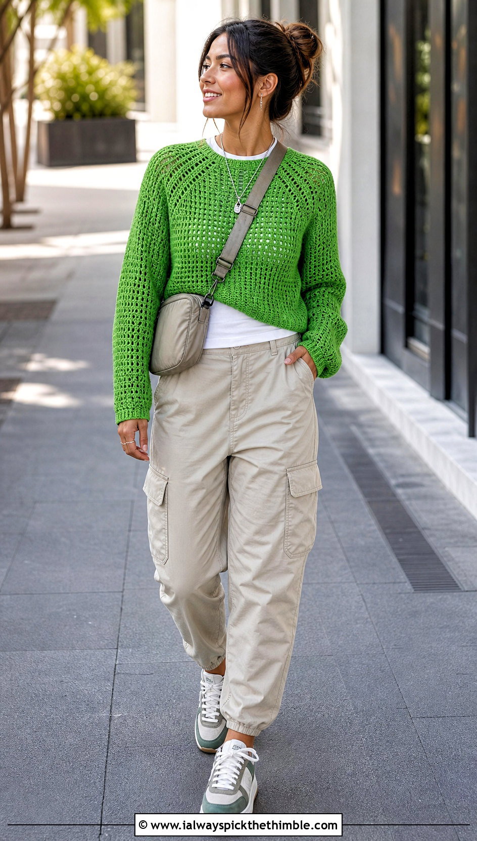 Raglan Crochet Sweater With Cargo Pants - 20 cozy crochet sweater outfit ideas