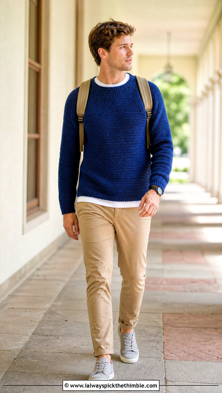 Raglan Crochet Sweater With Chinos And Sneakers - 20 Easy Crochet Mens Sweater outfit ideas