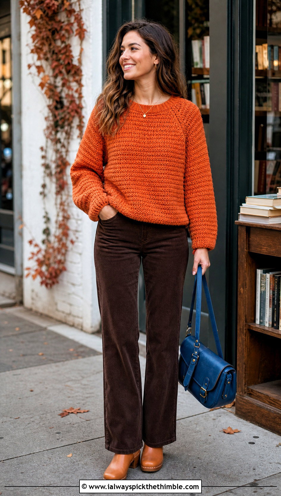 Raglan Crochet Sweater With Corduroy Pants - 20 Autumn Crochet Sweater outfit ideas