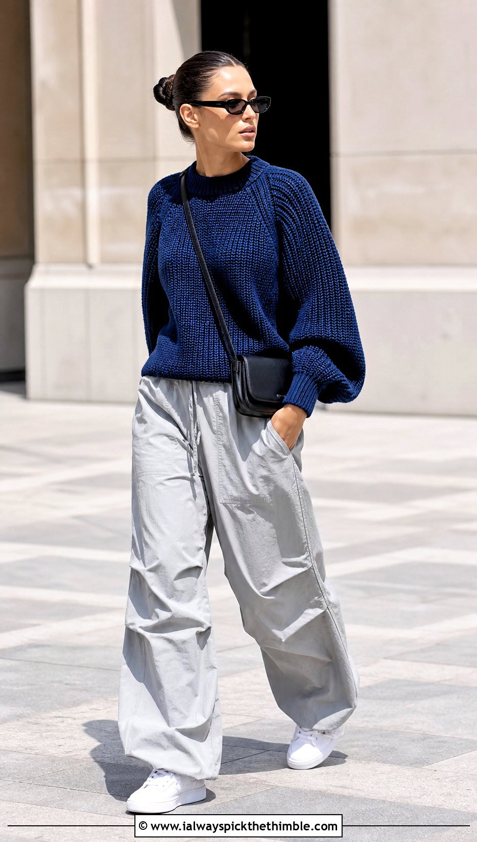 Raglan Crochet Sweater With Parachute Pants - 20 Crochet Ladies Sweater outfit ideas