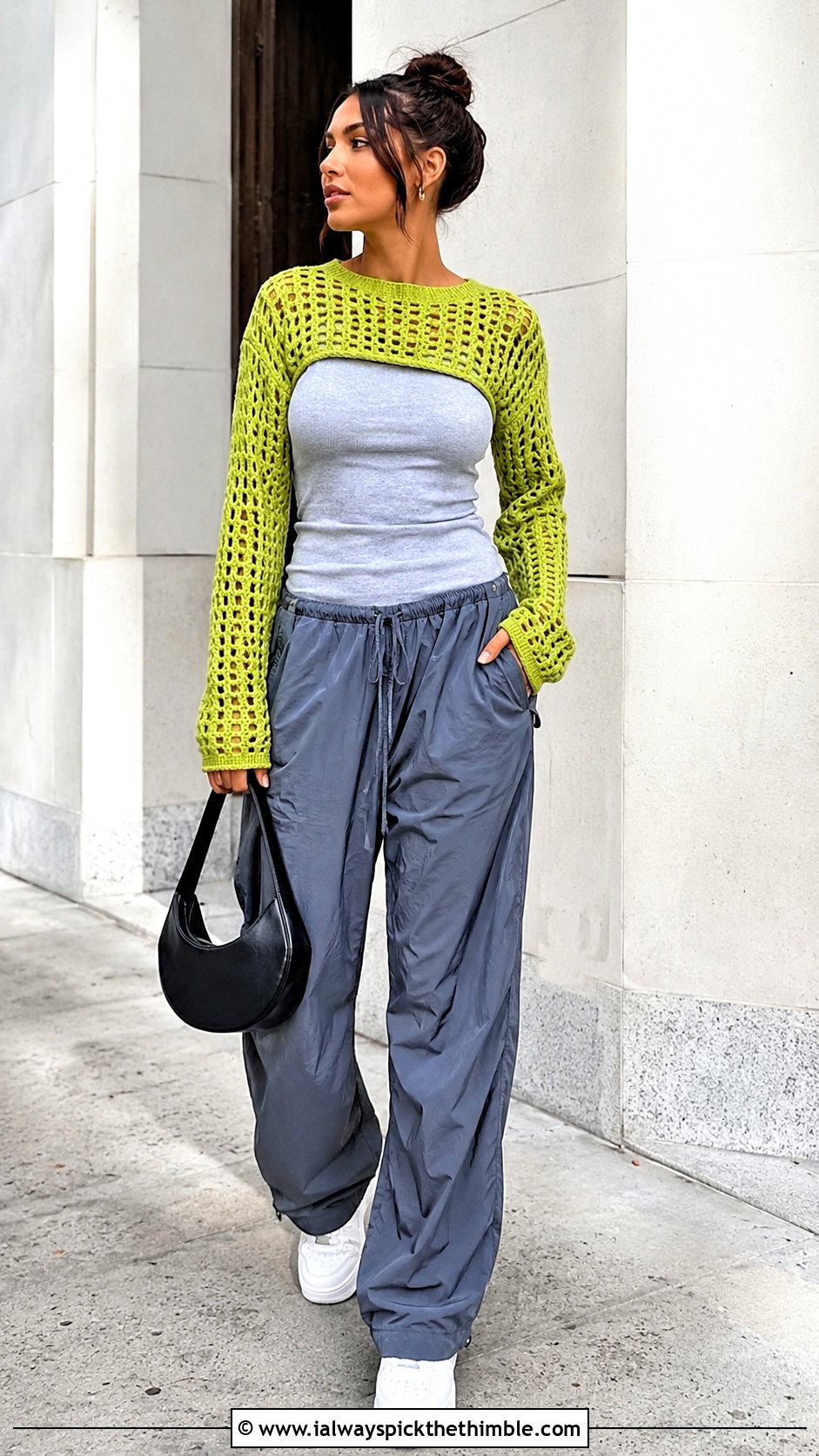 Raglan Crochet Sweater With Parachute Pants - 15 adult crochet sweater outfit ideas