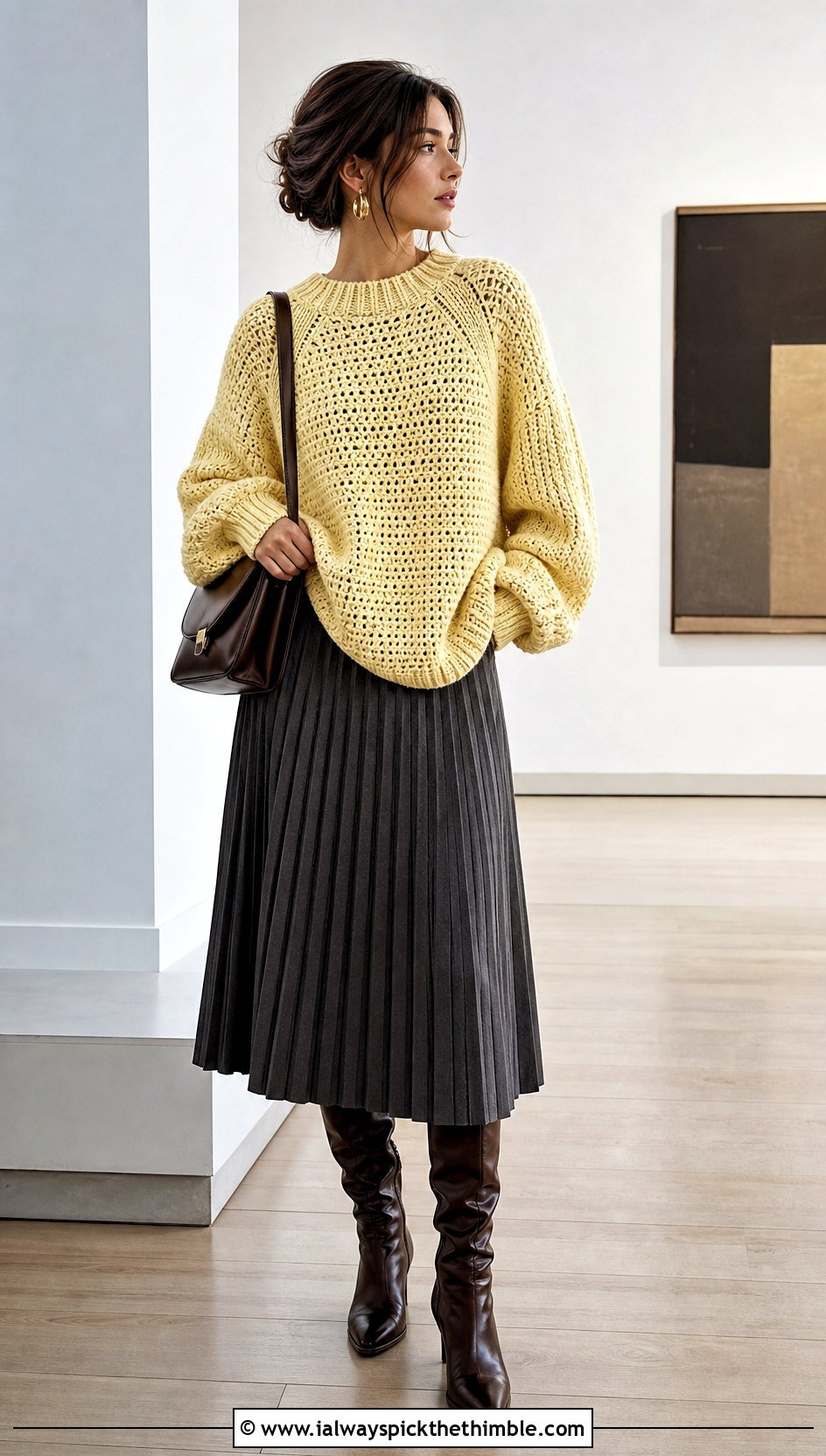 Raglan Crochet Sweater With Pleated Midi Skirt - 25 oversized crochet sweater outfit ideas