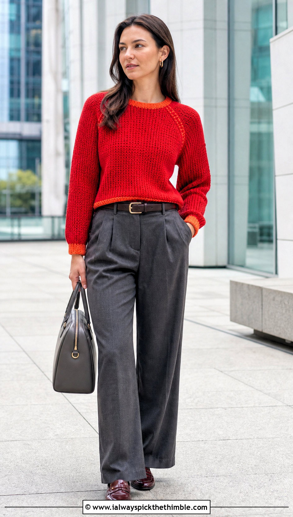 Raglan Crochet Sweater With Pleated Trousers - 25 colorful crochet sweater outfit ideas
