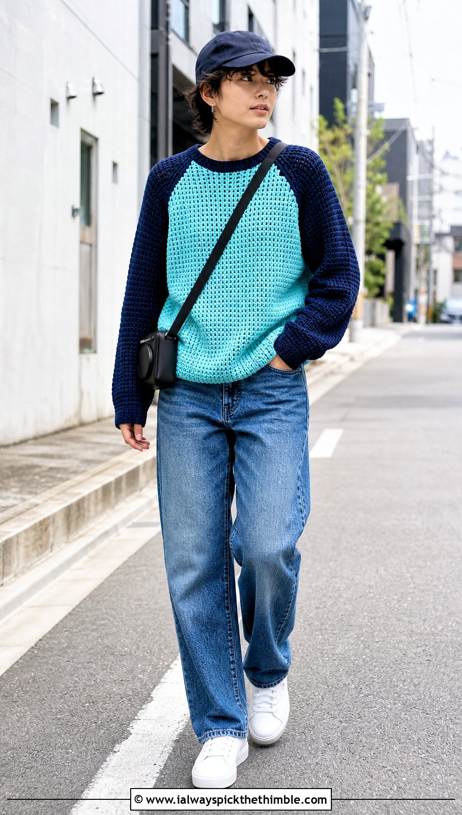 Raglan Crochet Sweater With Straight Leg Jeans - 20 unisex crochet sweater outfit ideas