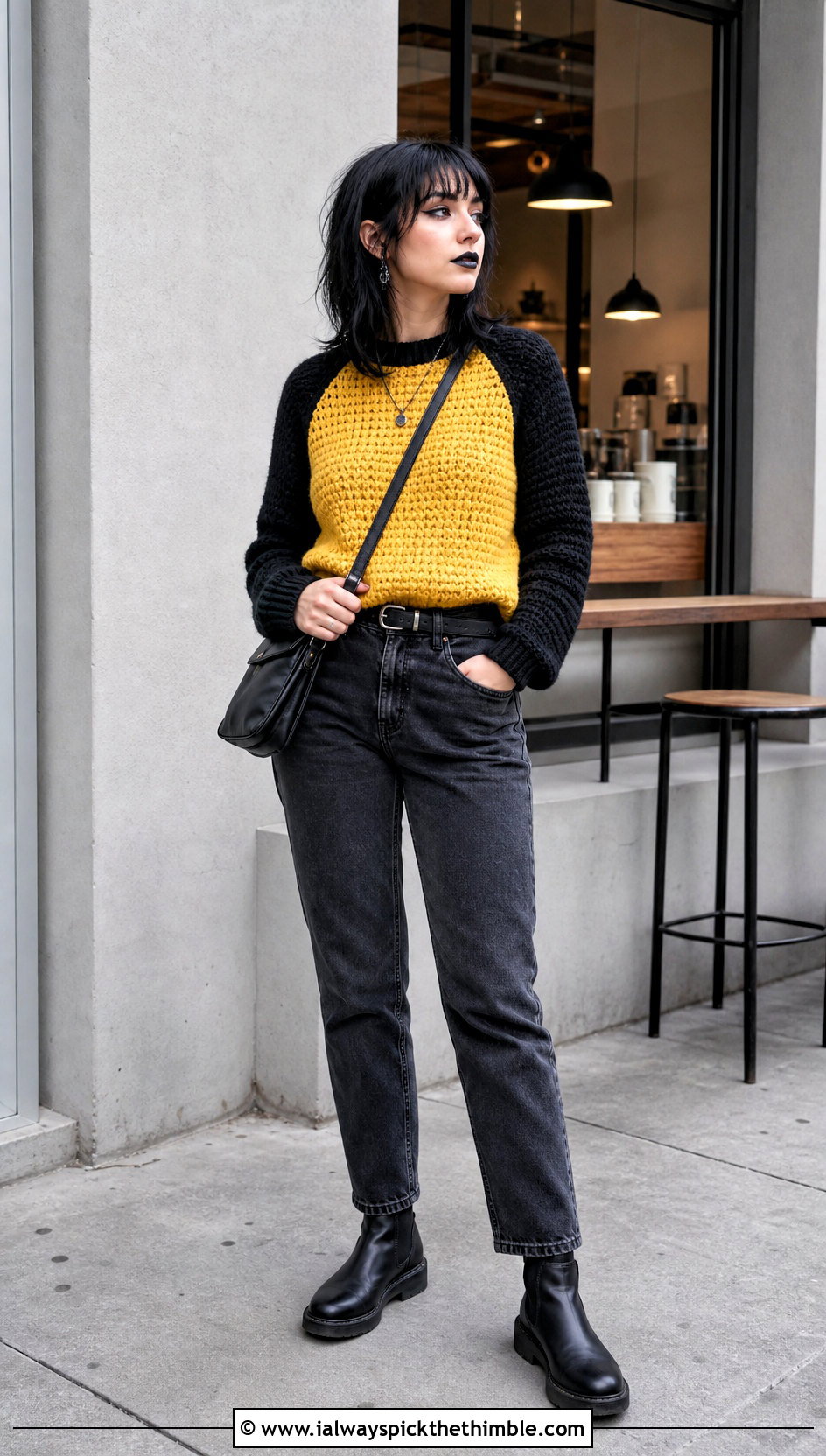 Raglan Crochet Sweater With Straight Leg Jeans - 20 goth crochet sweater outfit ideas