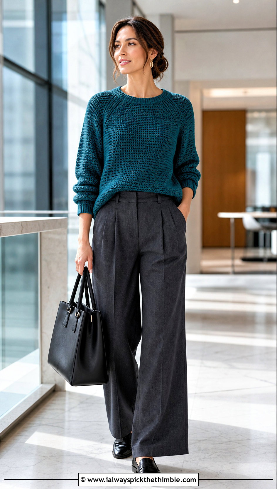 Raglan Crochet Sweater With Tailored Trousers - 25 crochet sweater design outfit ideas