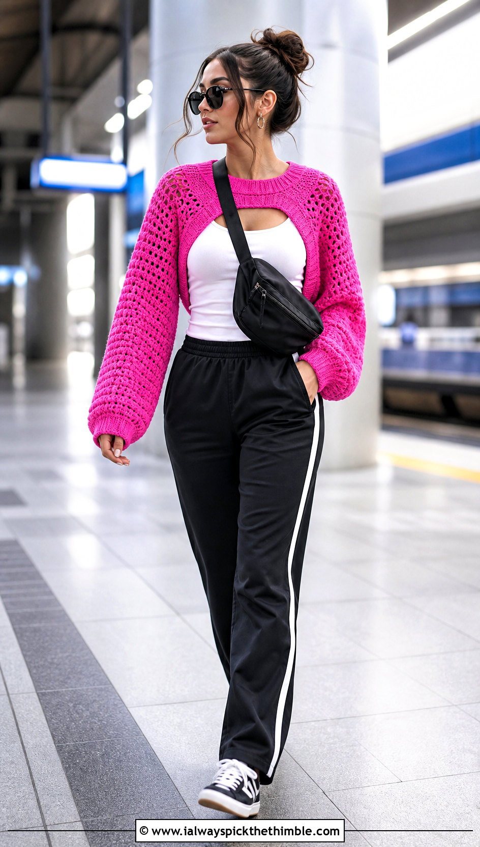 Raglan Crochet Sweater With Track Pants - 15 Modern Crochet Sweater outfit ideas