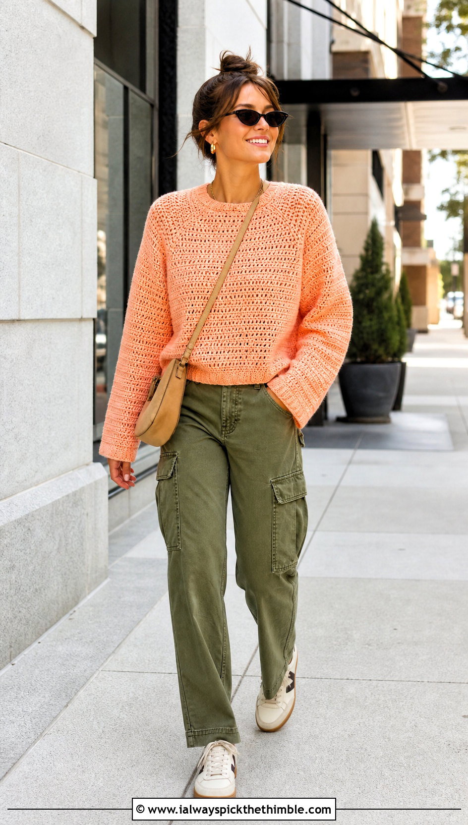 Raglan Crochet Sweater With Utility Cargo Pants - 15 Crochet Womens Sweaters outfit ideas