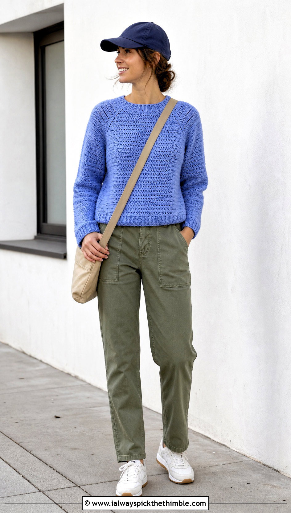 Raglan Crochet Sweater With Utility Pants - 25 cute crochet sweater outfit ideas