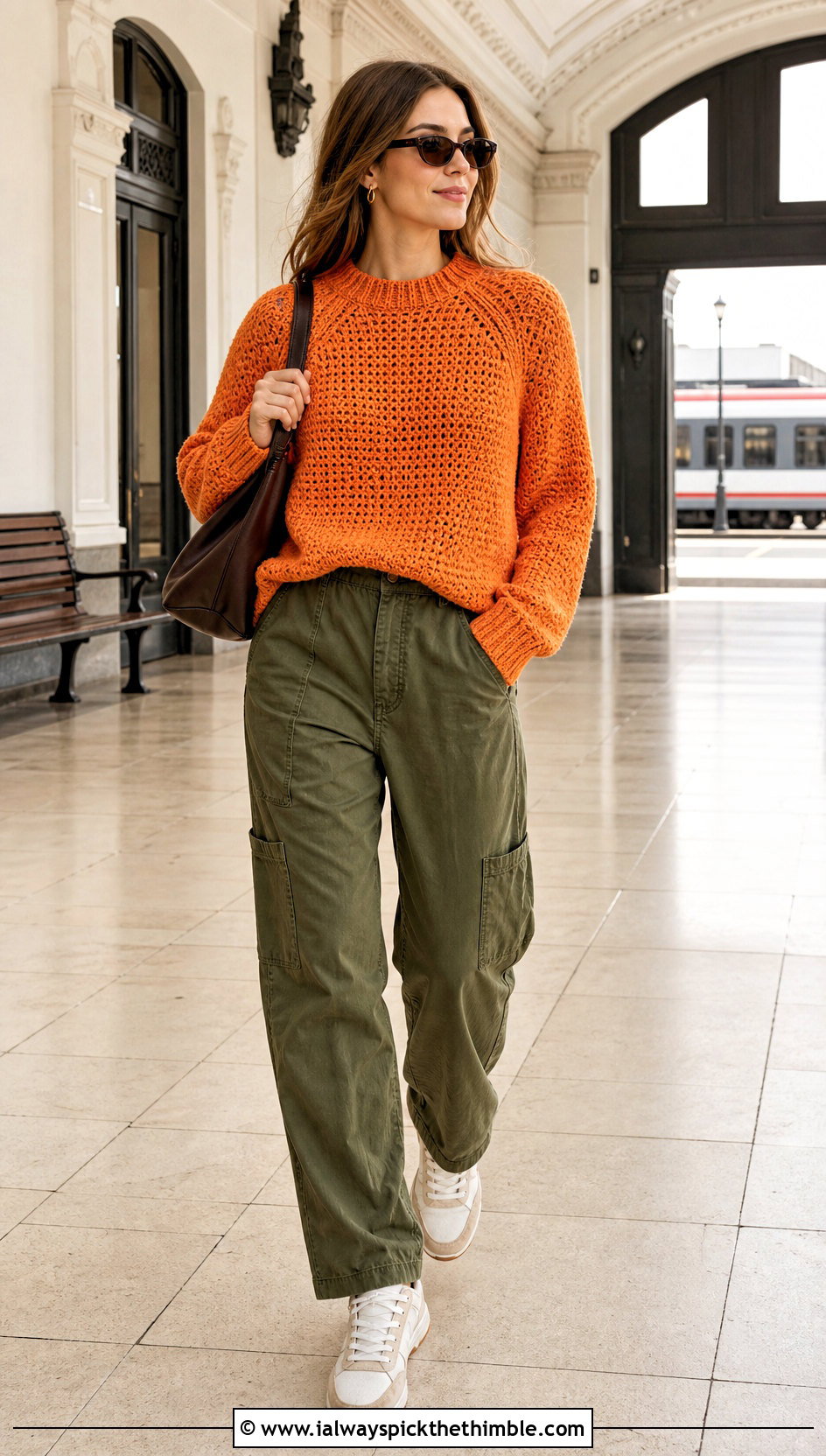 Raglan Crochet Sweater With Utility Pants - 20 Woman Crochet Sweater outfit ideas
