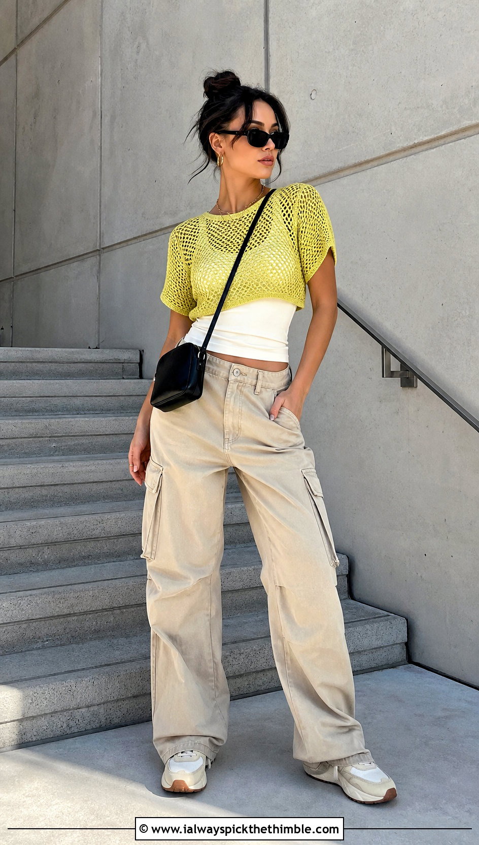 Raglan Crochet Tee With Cargo Pants - 25 crochet tee outfit ideas