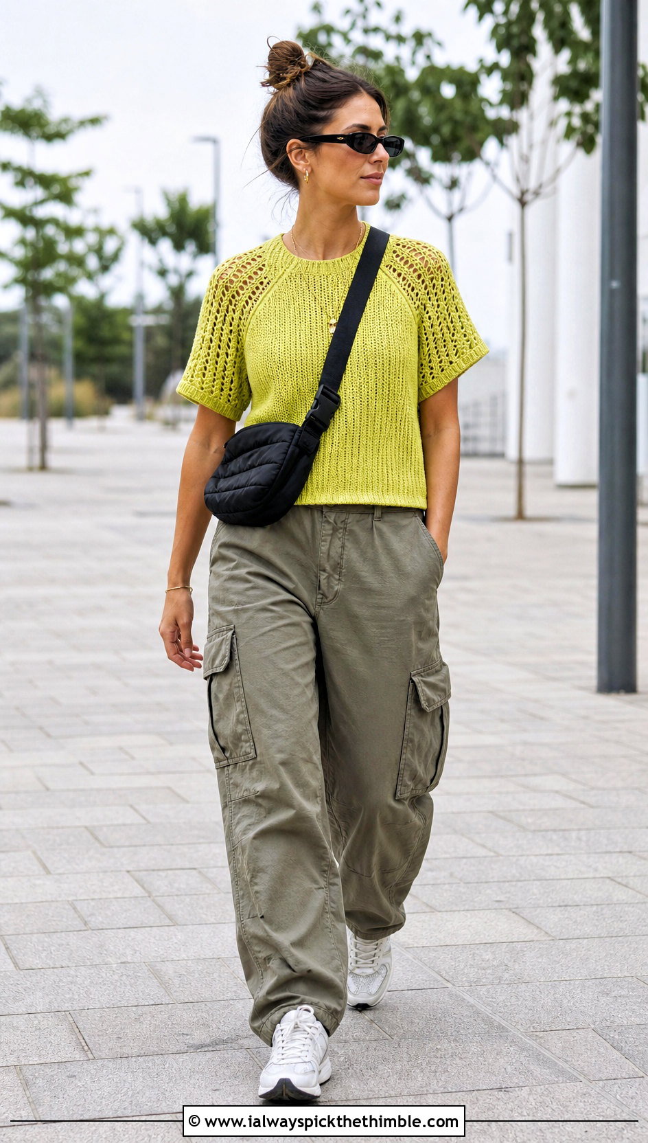 Raglan Crochet Tee With Cargo Pants - 25 trendy crochet tops outfit ideas