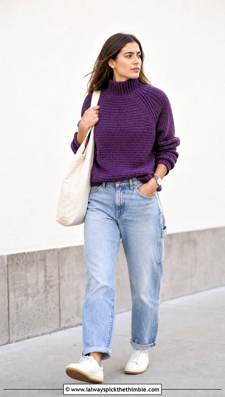 Raglan Crochet Turtleneck Sweater With Carpenter Jeans - 20 crochet turtleneck sweater outfit ideas