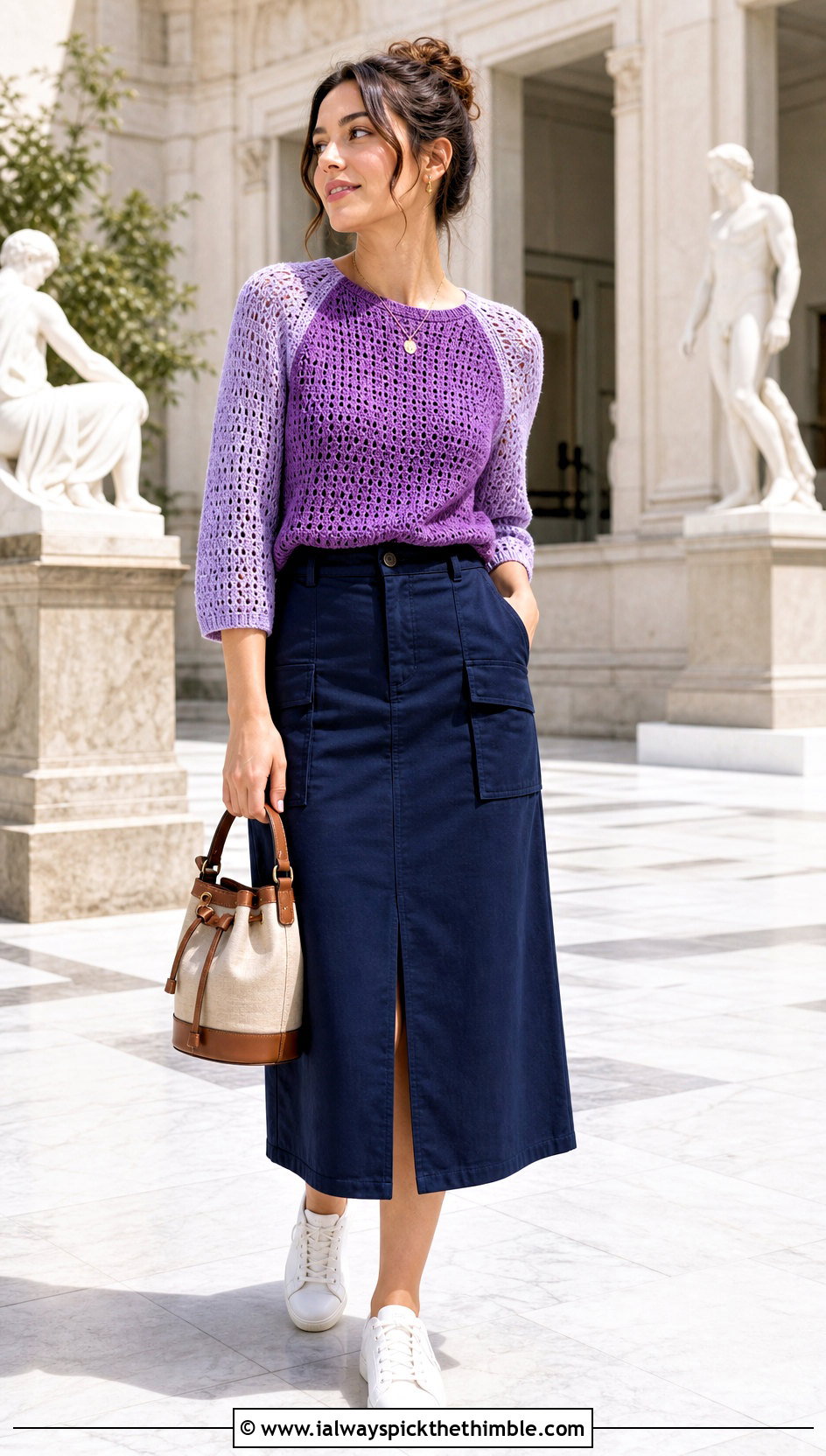 Raglan Filet Crochet Shirt With Utility Midi Skirt - 20 filet crochet shirt outfit ideas