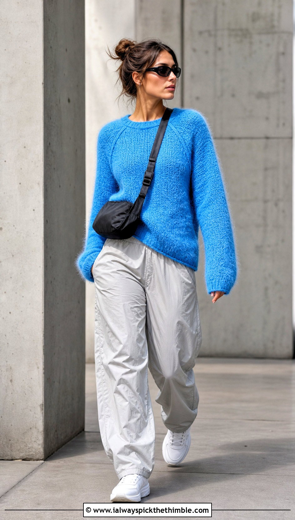 Raglan Fluffy Crochet Sweater With Parachute Pants - 25 fluffy crochet sweater outfit ideas