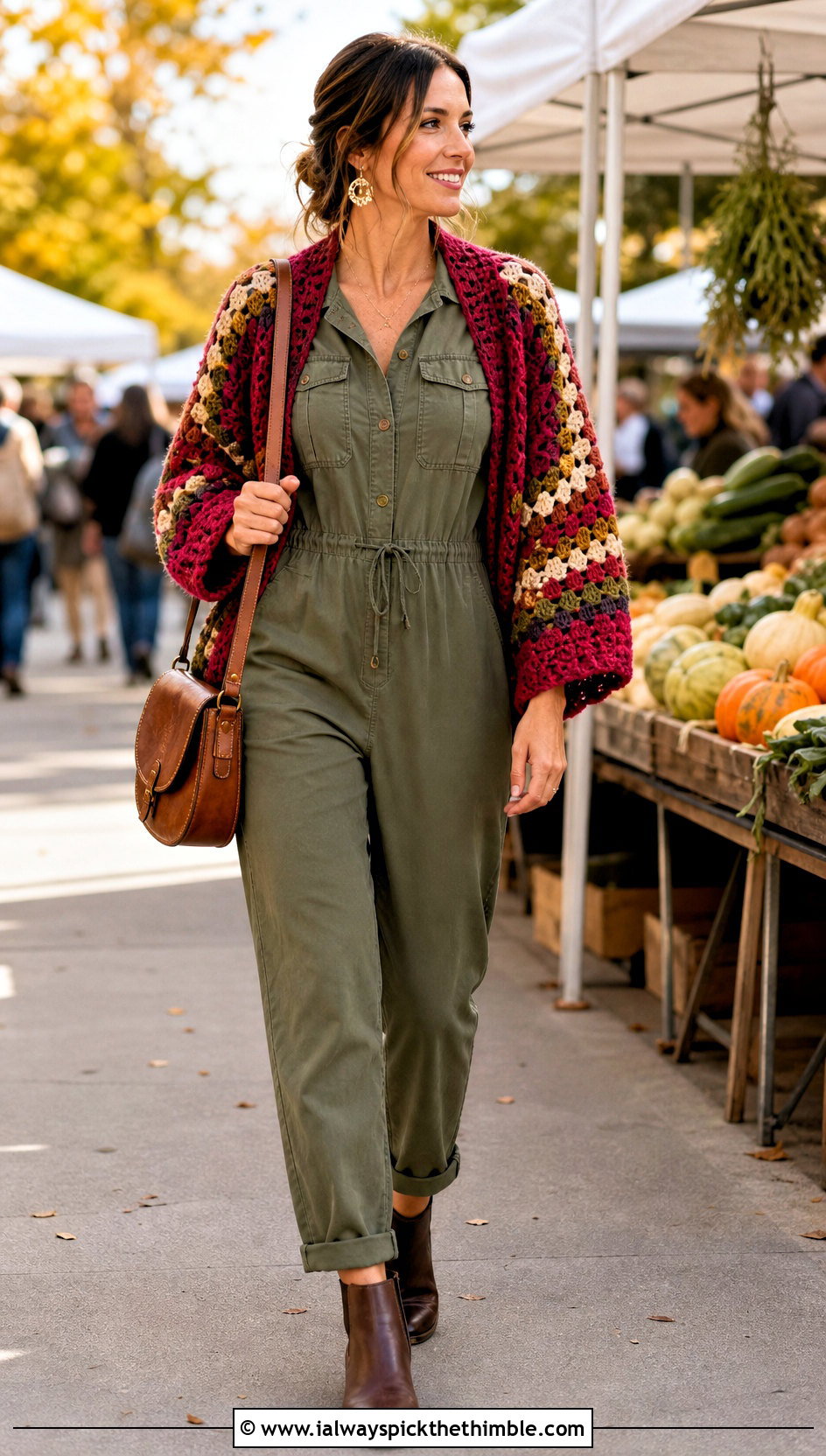 Raglan Granny Stitch Crochet Shrug With Utility Jumpsuit - 15 Long Sleeved Crochet Shrug outfit ideas