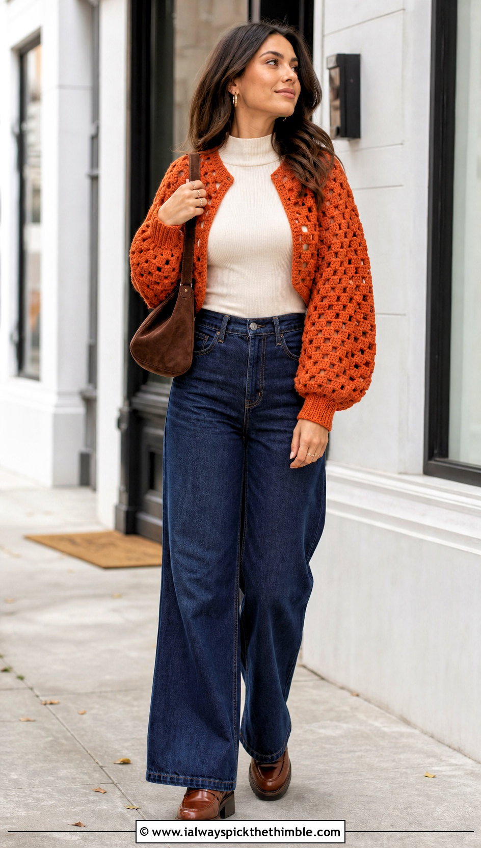 Raglan Granny Stitch Crochet Shrug With Wide Leg Jeans - 20 Crochet Shrug Cardigan outfit ideas