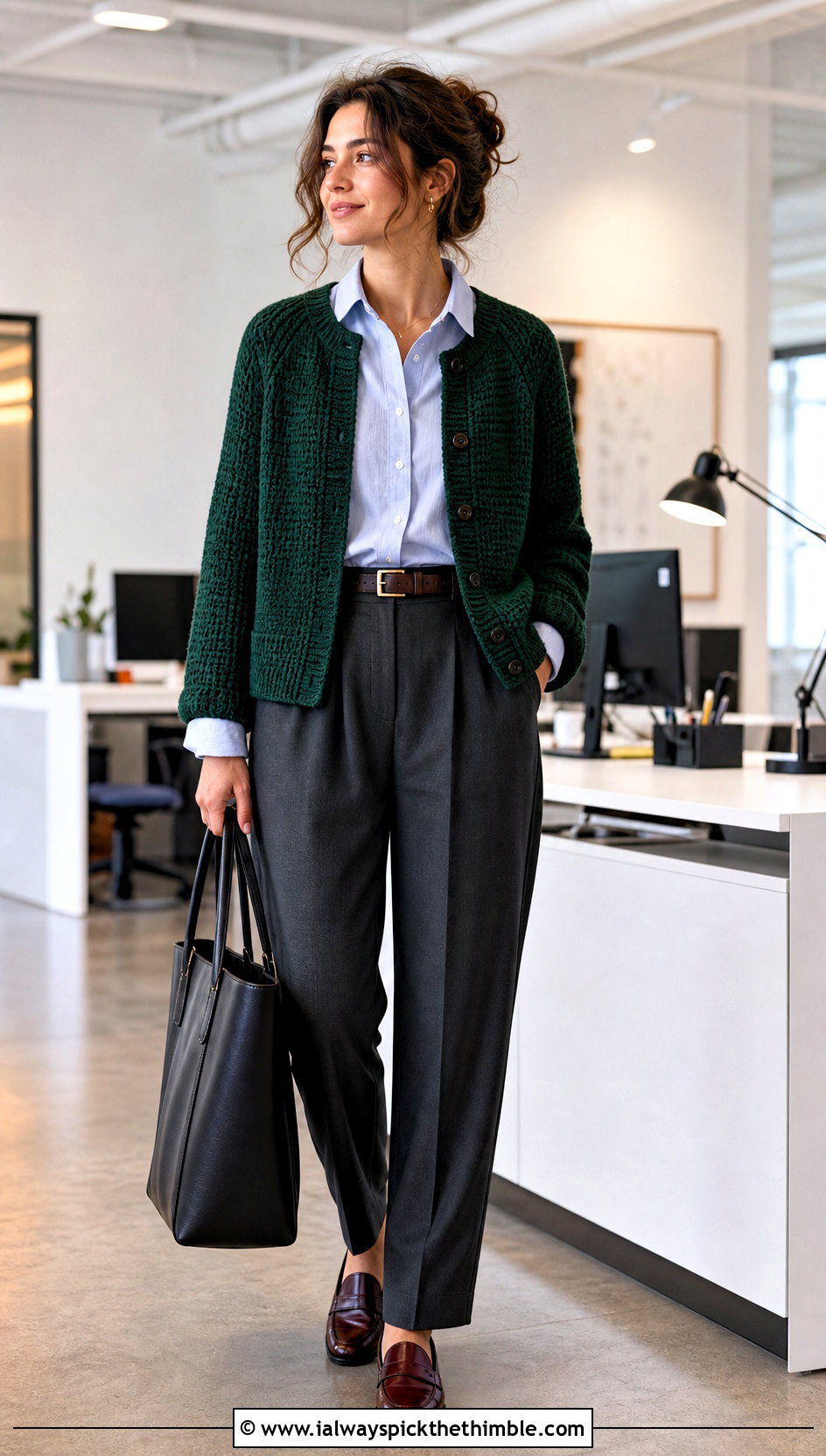 Raglan Green Crochet Cardigan With Pleated Trousers - 25 green crochet cardigan outfit ideas