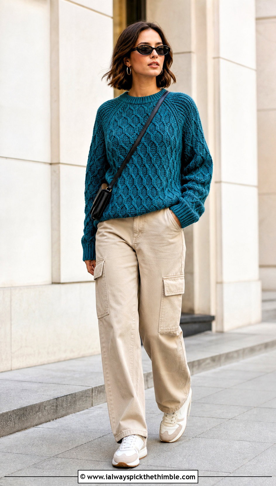 Raglan Honeycomb Cable Crochet Sweater With Cargo Pants - 20 Cable Knit Crochet Sweater outfit ideas
