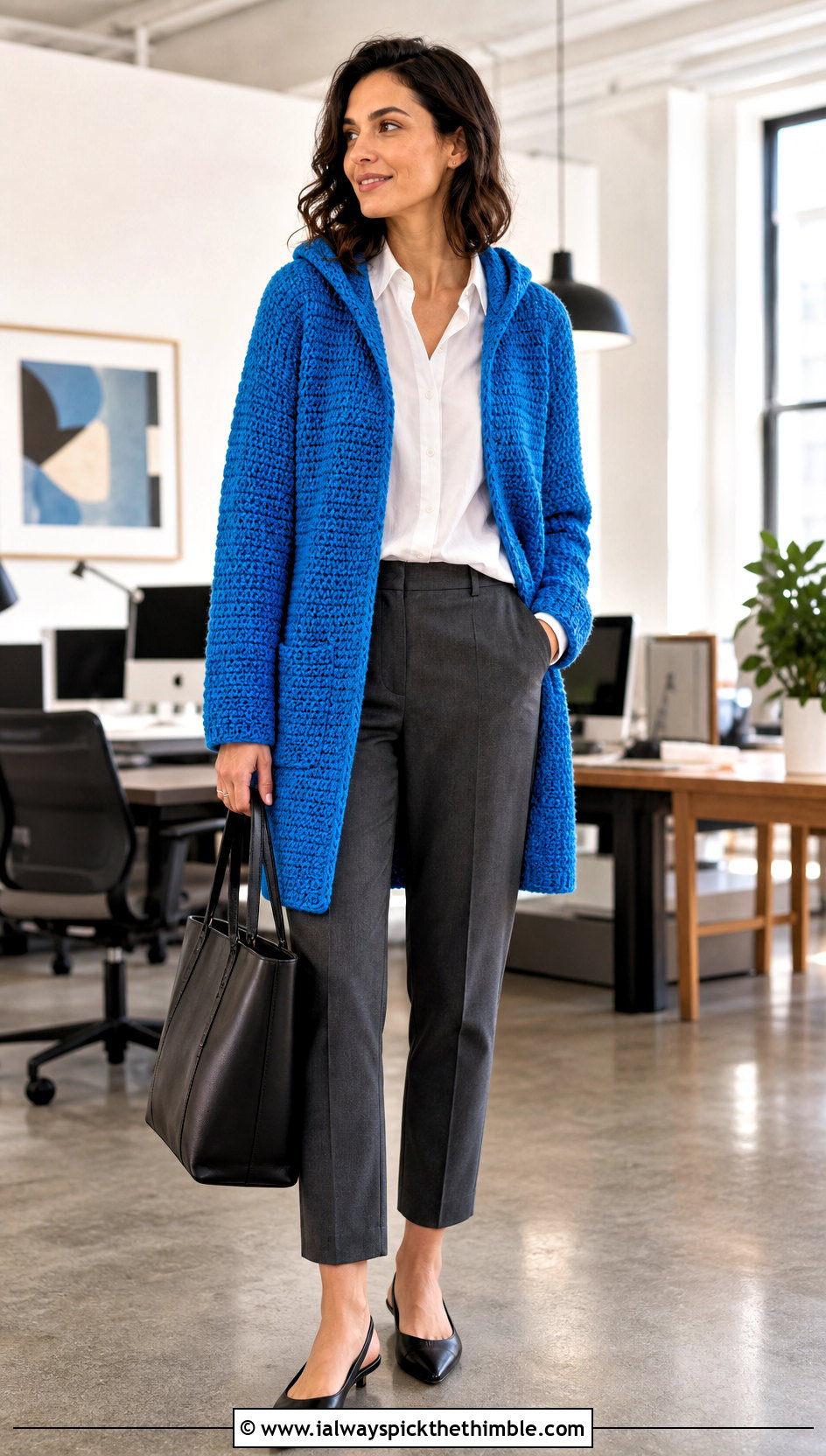 Raglan Hooded Crochet Cardigan With Office Trousers - 25 hooded crochet cardigan outfit ideas