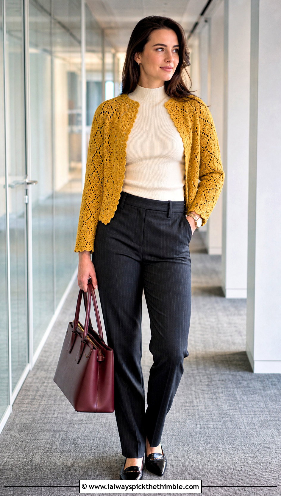 Raglan Lace Crochet Lacy Sweater With Pinstripe Pants - 20 crochet lacy sweater outfit ideas